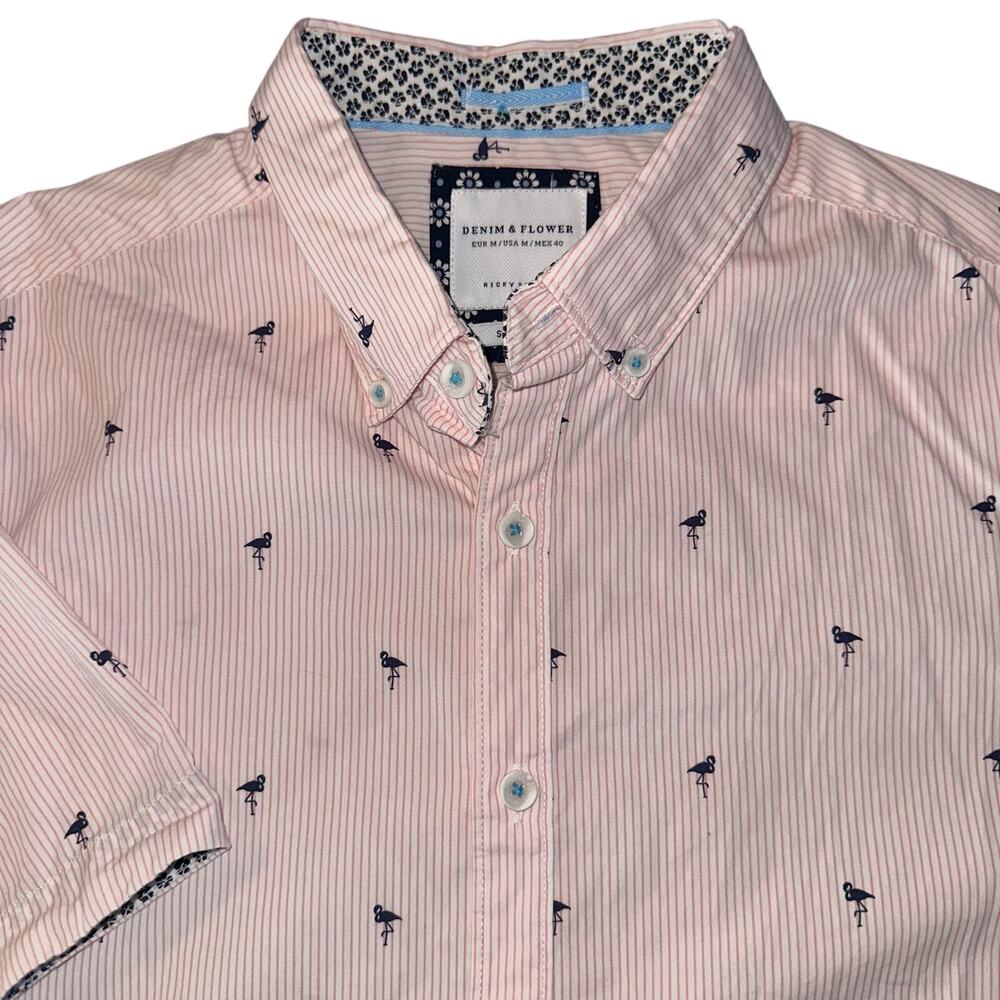 Denim & Flower Ricky Singh Pink Striped Bird Print Button Down M Slim
